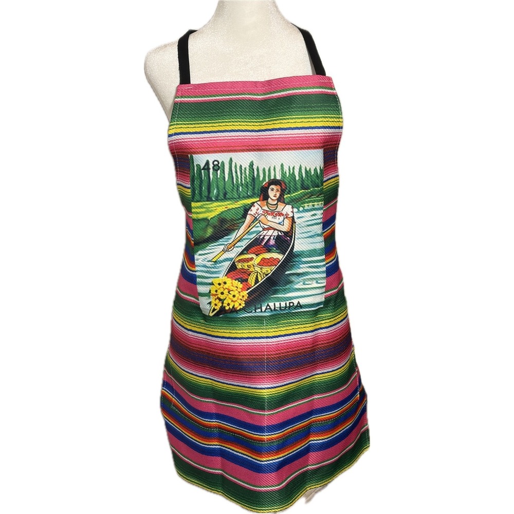 Mexican Loteria La Chalupa Apron Serape Rainbow Striped Folk Art Kitchen Bib